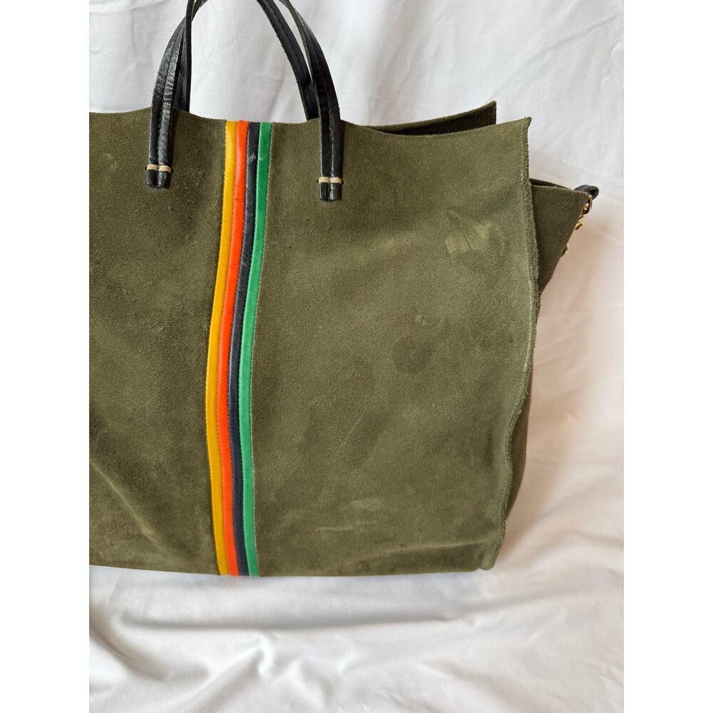 Clare V Large Simple Tote Bag Olive Army Green Suede Multicolor Center Stripe - Picture 4 of 9